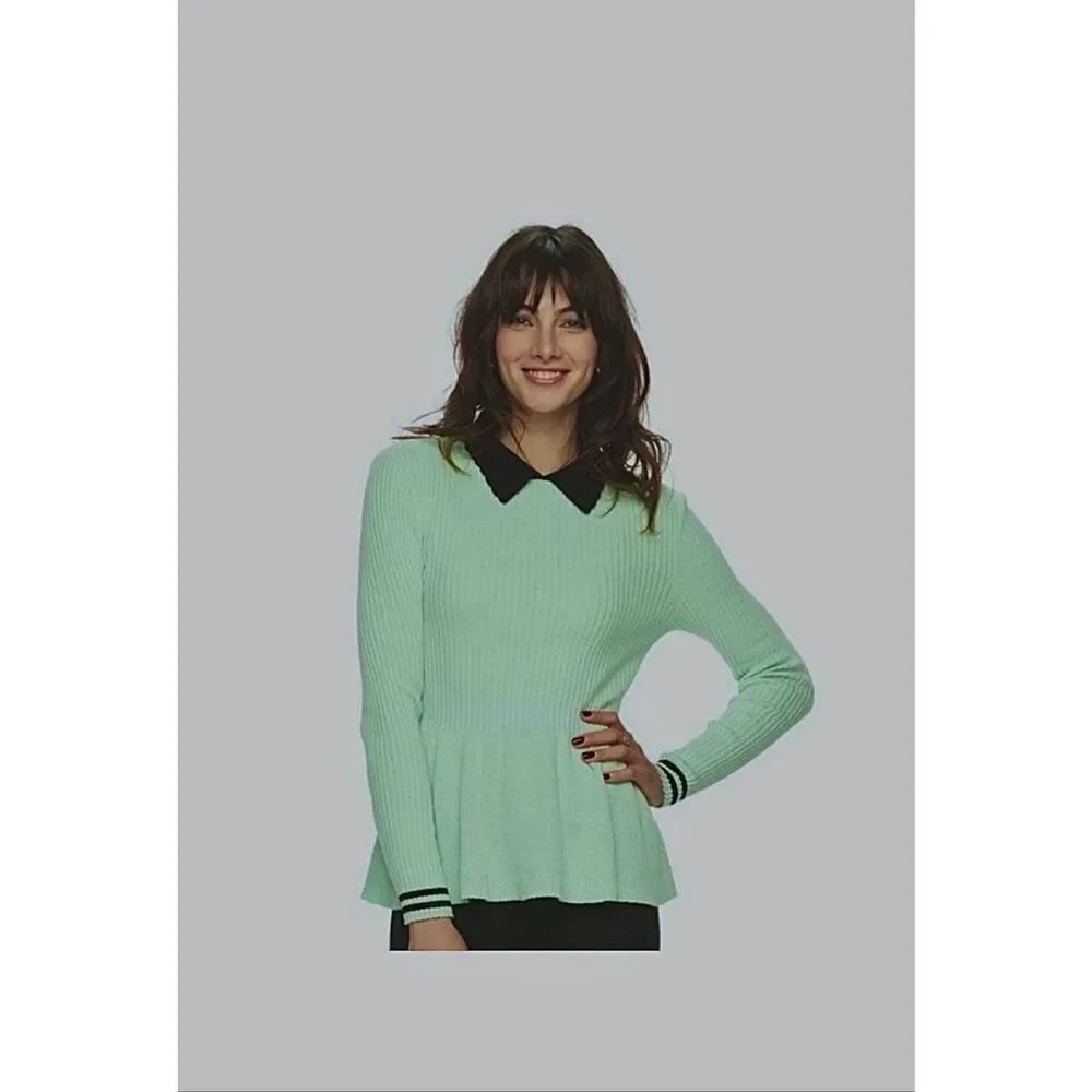 ELLE Fair Aqua Ribbed Peplum Sweater With Collar-XL {NWT}